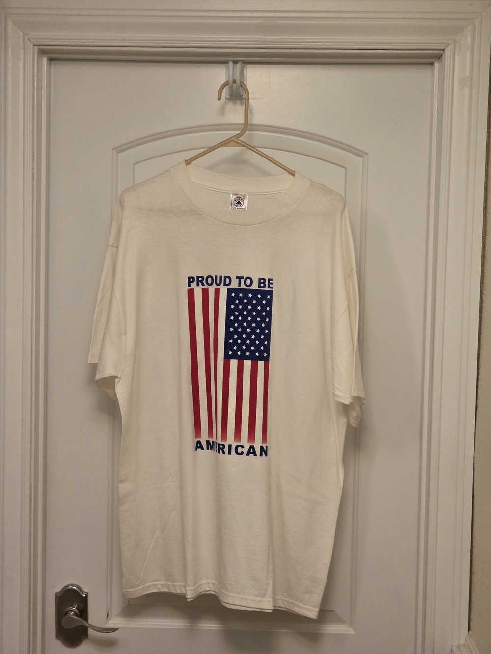 Delta Cream Short Sleeve Tee with Red and Blue Flag Graphic